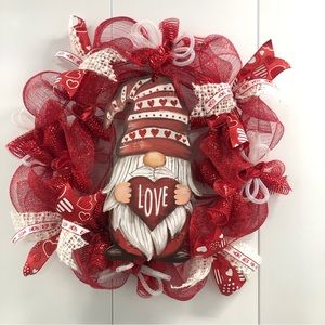 Gnome Deco Mesh Valentines Wreath Ribbons Hearts Red White Tubing Love